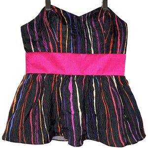 Whitney Eve Womens Top 4 Black Pink Print Silk Peplum Corset Layered Ruffle Y2K